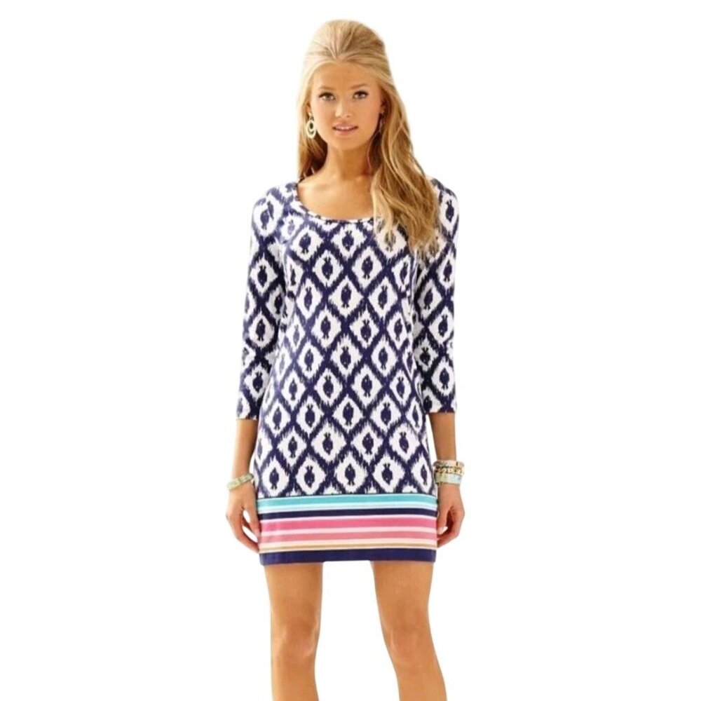 Lilly Pulitzer Beacon Dress Small Navy & White Ikat Fish Print Tropical Resort‎